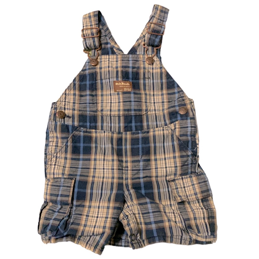 OSH KOSH B’GOSH Baby Shortall Blue + Tan Plaid Overalls Shorts - Size 12 mos
